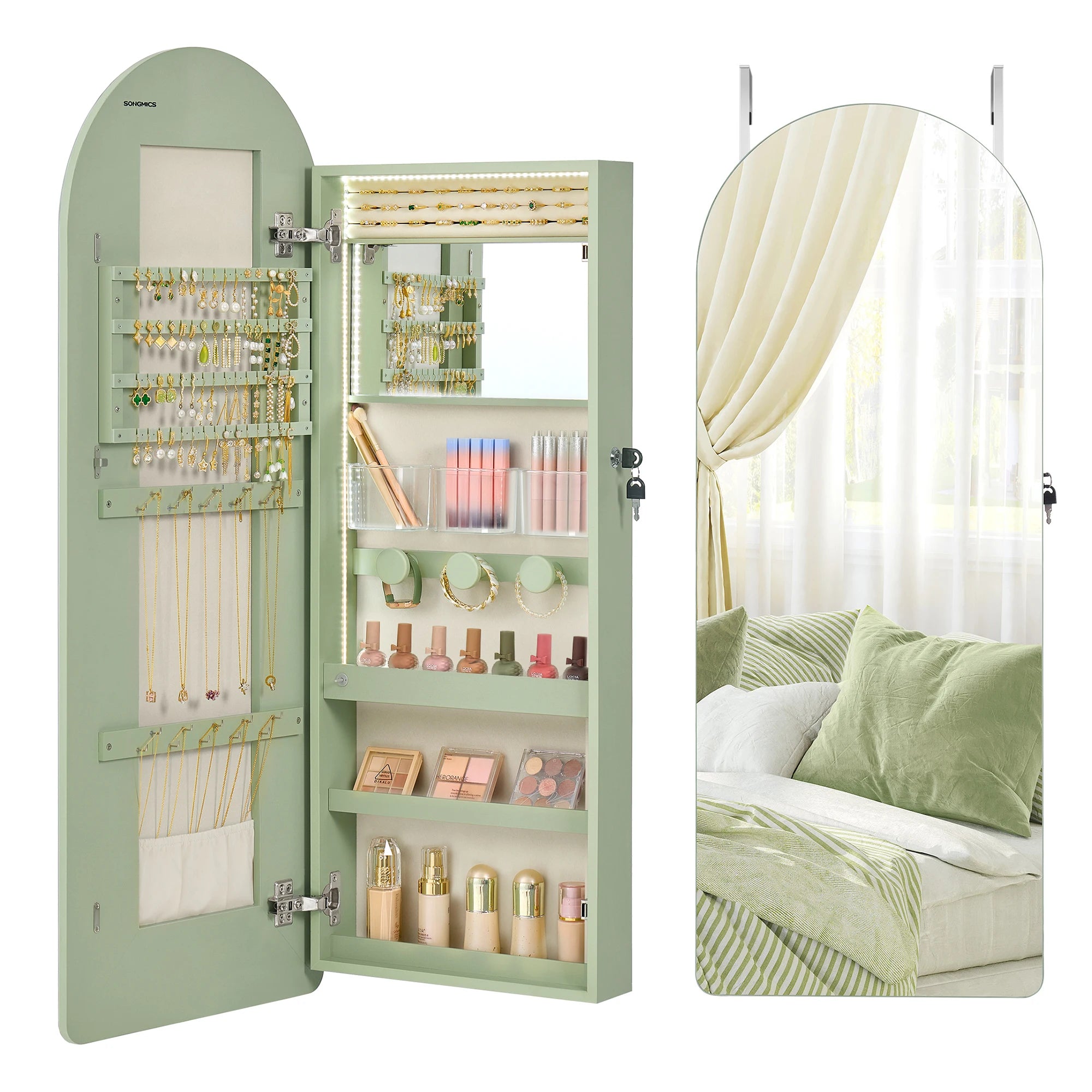 SONGMICS Wide Jewelry Organizer, LED Jewelry Cabinet Wall/Door Mounted, Arched Mirror with Storage, Lockable, Rounded Corner