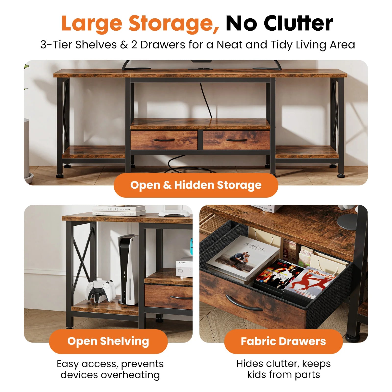 JHK Wooden TV Stand For Up To 70/75 Inch TV with Drawers Television Stands Media Console with Charging Station Drawers Shelf