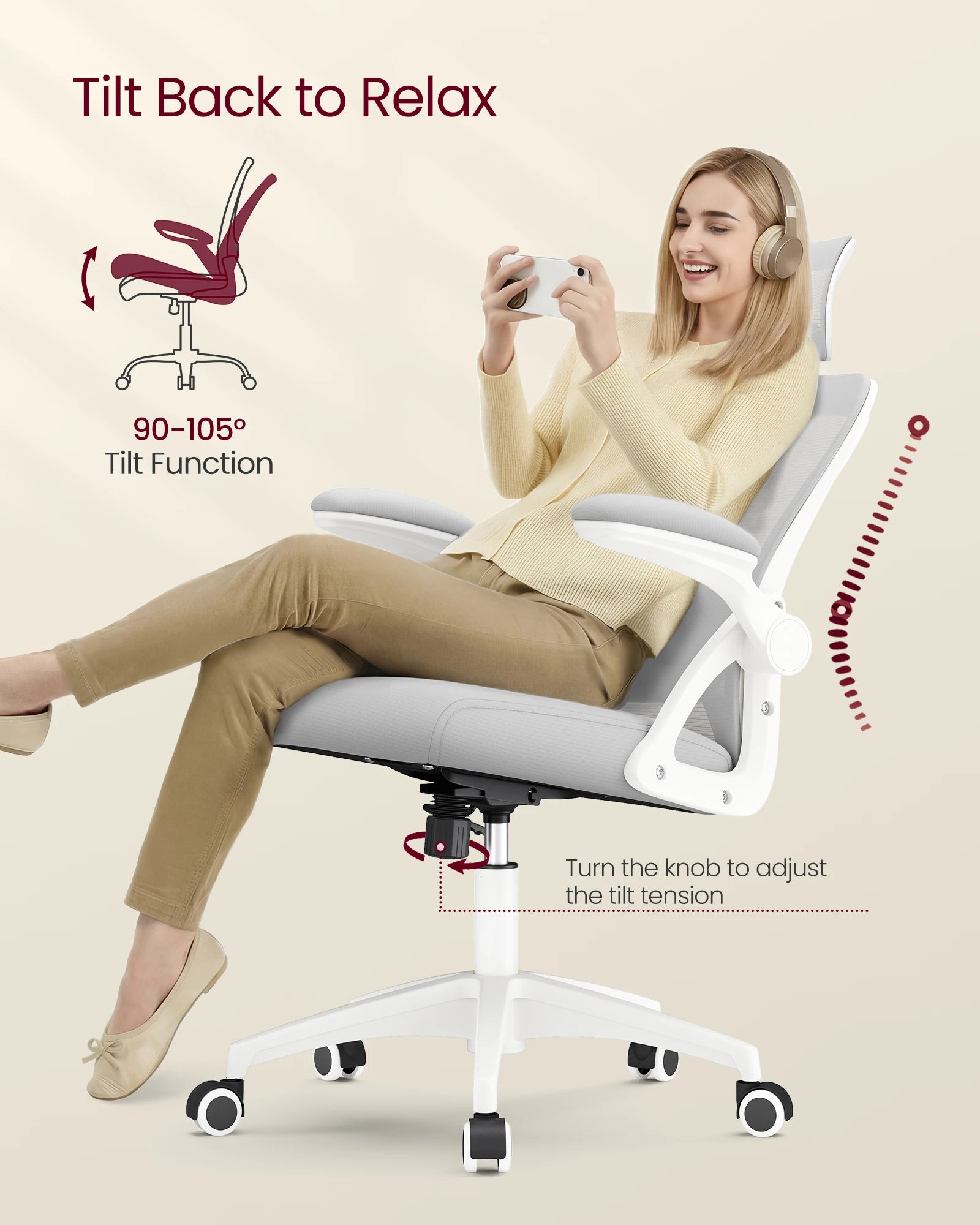 VASAGLE Ergonomic Mesh Office Chair with Adjustable Lumbar Support and Headrest, 90-105° Tilt Function, Wide Seat, Flip‑Up Armr