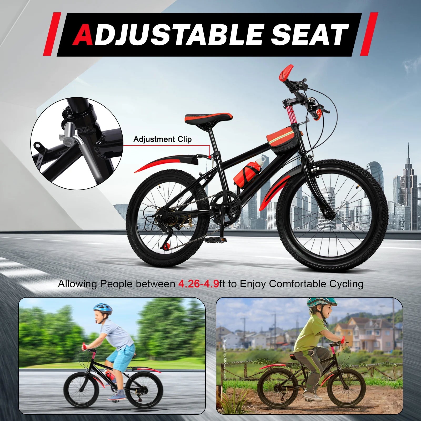 20" Mountain Bike 7 Speeds Kids Bicycle Dual-Disc Brakes Unisex Children's Bicycle Height Adjustable MTB Boys Girls Riding Bike