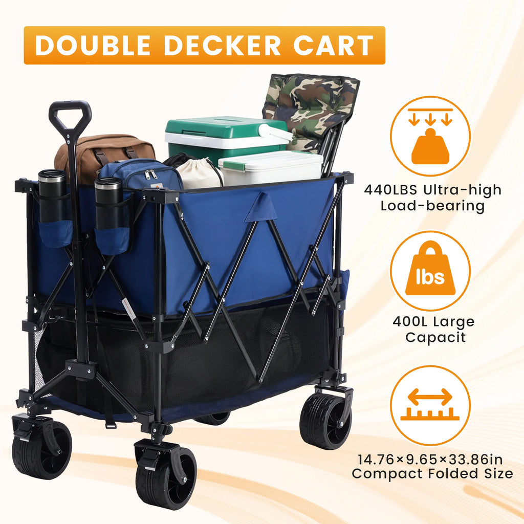 JHK Outdoor Wagons Cart Double Decker 440 lbs Large Capacity Collapsible Foldable Garden Beach Cart for Grocery Garden Camping