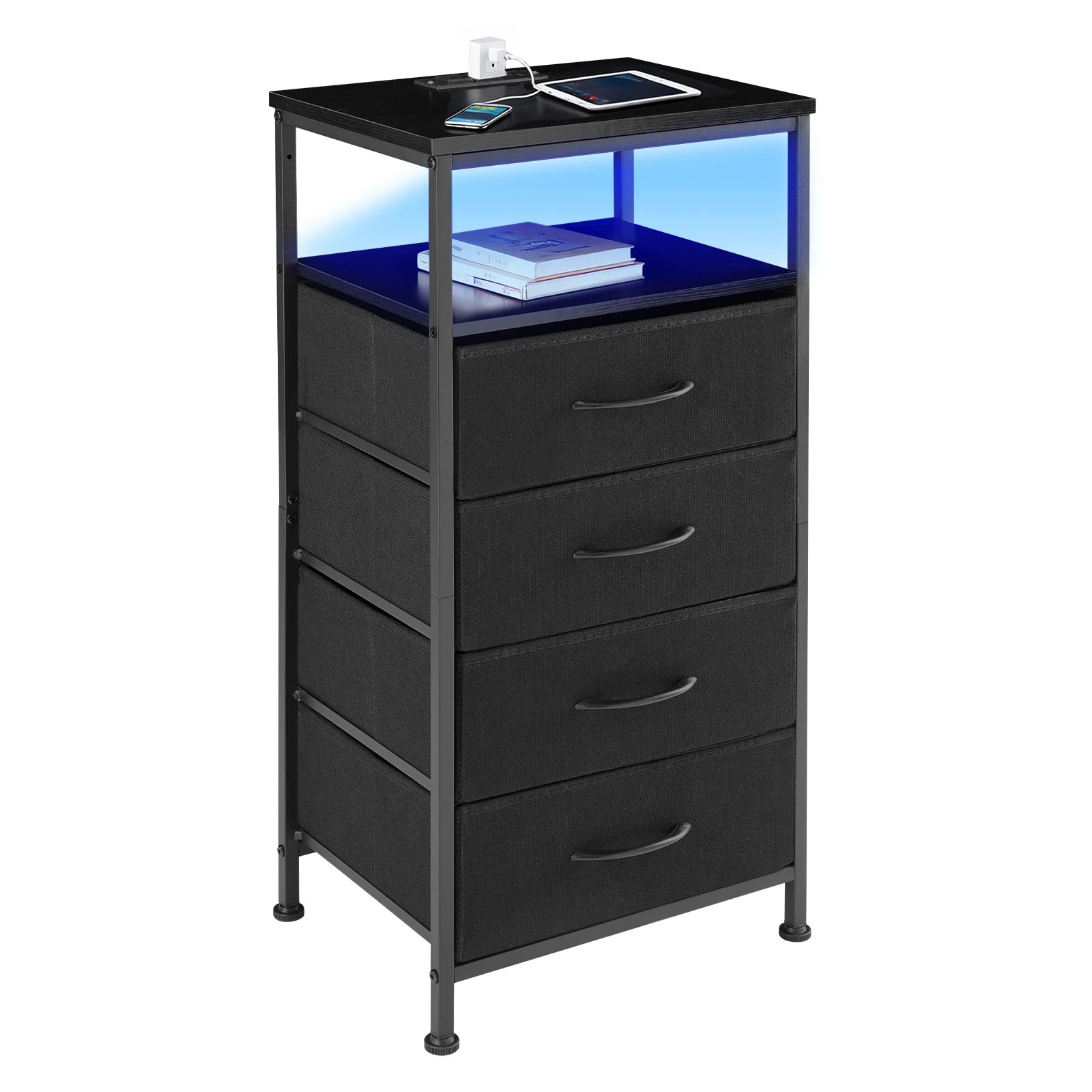 JHK Corner Table Cabinet with 4 Fabric Drawers Support USB/Type-C Ports and Outlets Adjustable Feet and Variable Light Strip