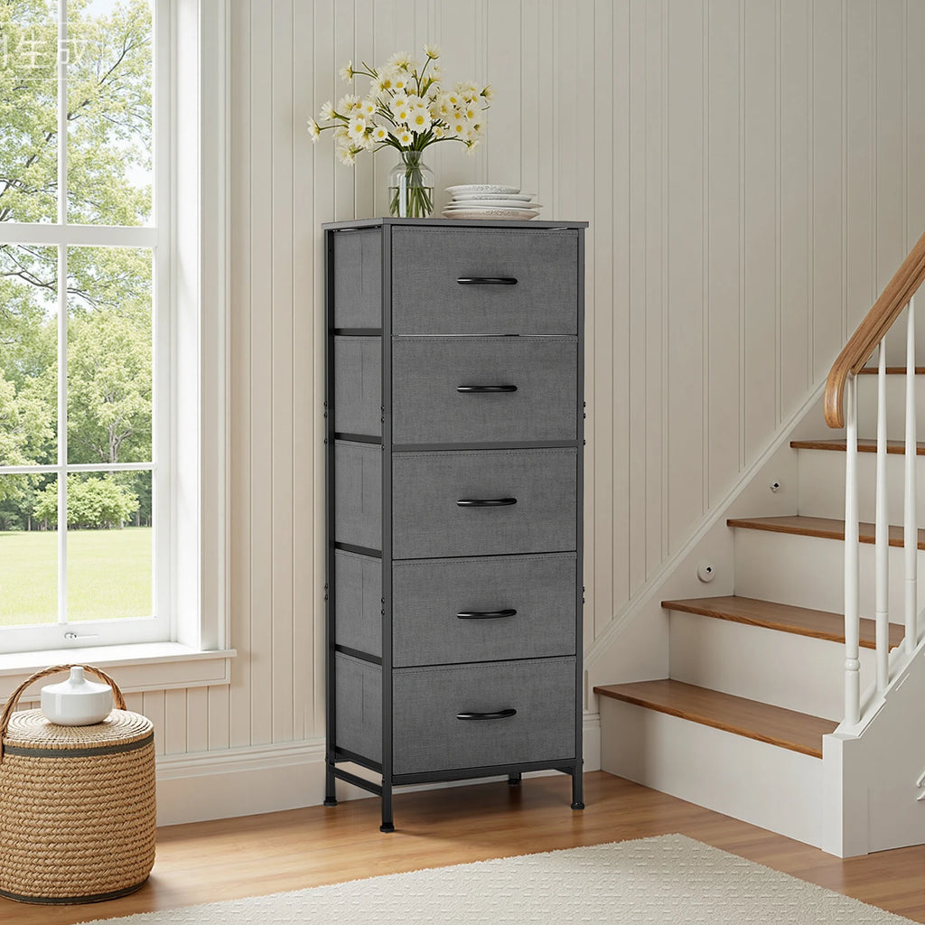 JHK 5 Fabric Drawers Cabinet For Living Room 48IN Drawers Beside Nightstand Tables Storage Closet Chest Clothes Display Of Furni