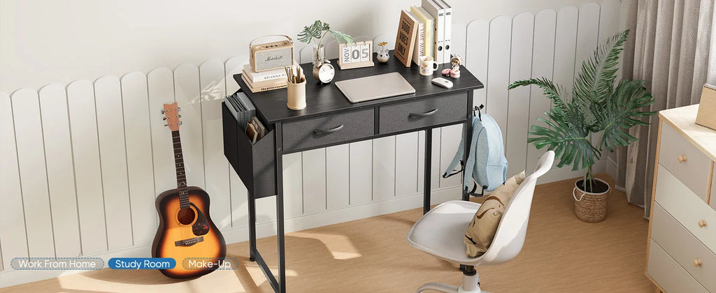 JHK Modern Office Computer Desk 32 Inch with Fabric Storage Drawers Space Side Bag Metal Frame Adjustable Feet For Home PC Table