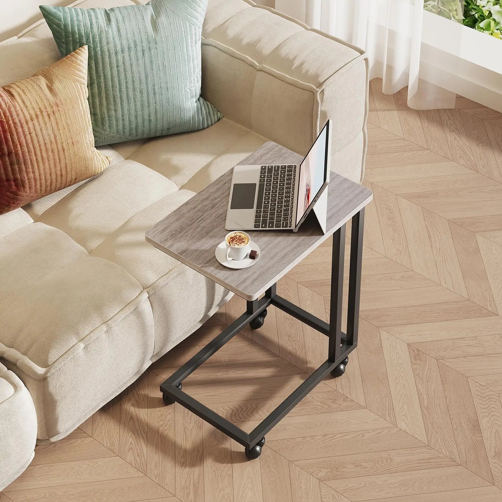 JHK Wood Sofa Table Overbed Bedside Desk Portable Rolling with Wheels Metal Frame Adjustable Feet  for Living Room Bedroom