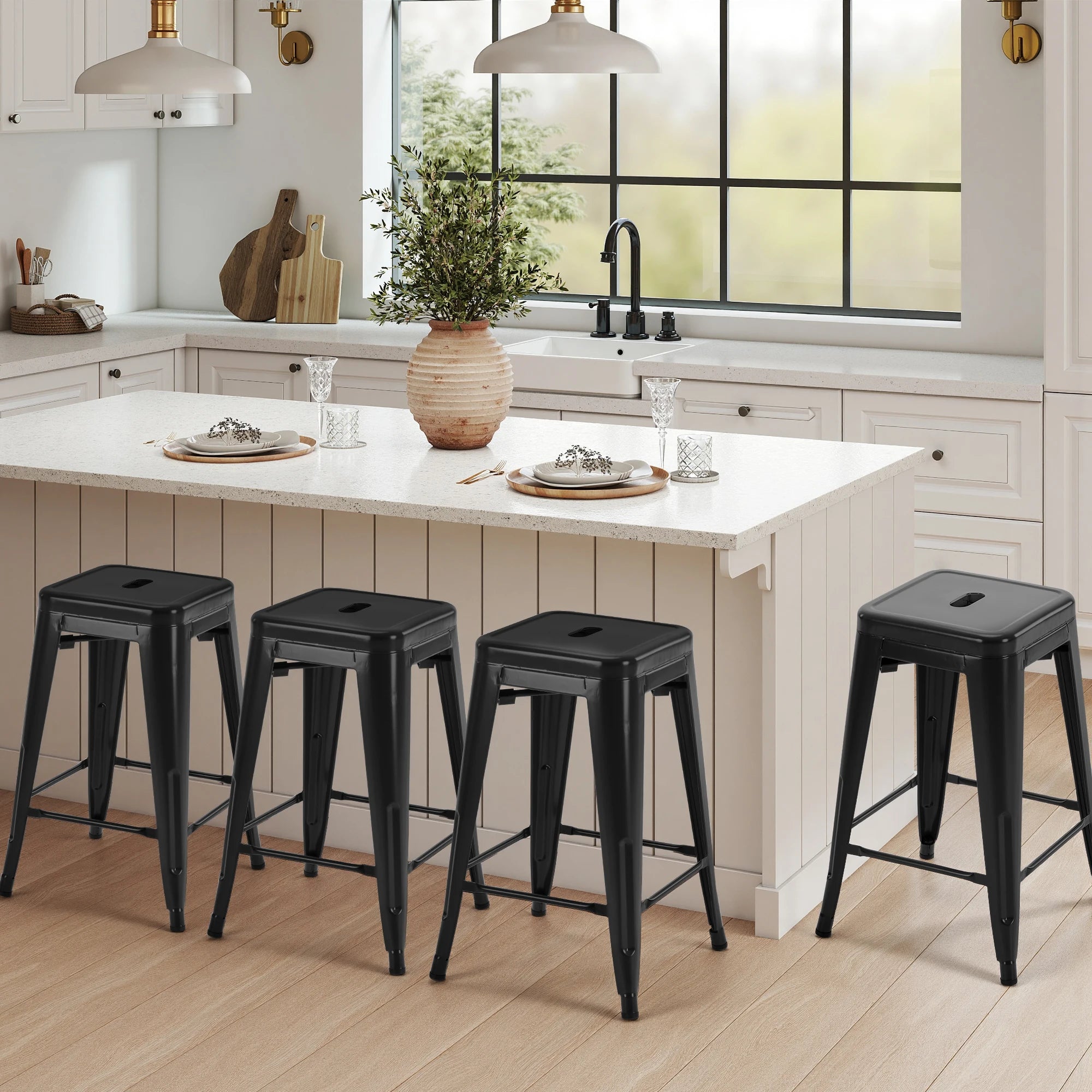 JHK 24 IN Metal Bar Stools Set of 4 Stackable Stools No Assembly Required Backless Counter Height Bar Stools for Kitchen Outdoor