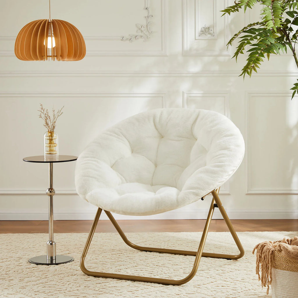JHK Faux Fur Cozy Saucer Chairs For Living Room Folding Thick Padded Seat Metal Frame X-Large Reading Lounge Furniture