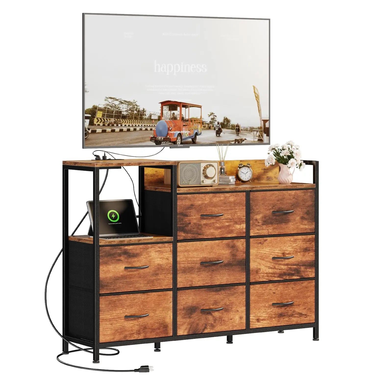 JHK Cabinet With 8 Fabric Drawers TV Stand Metal Frame With Charging Station Entertainment Center TV Storage Display Furniture