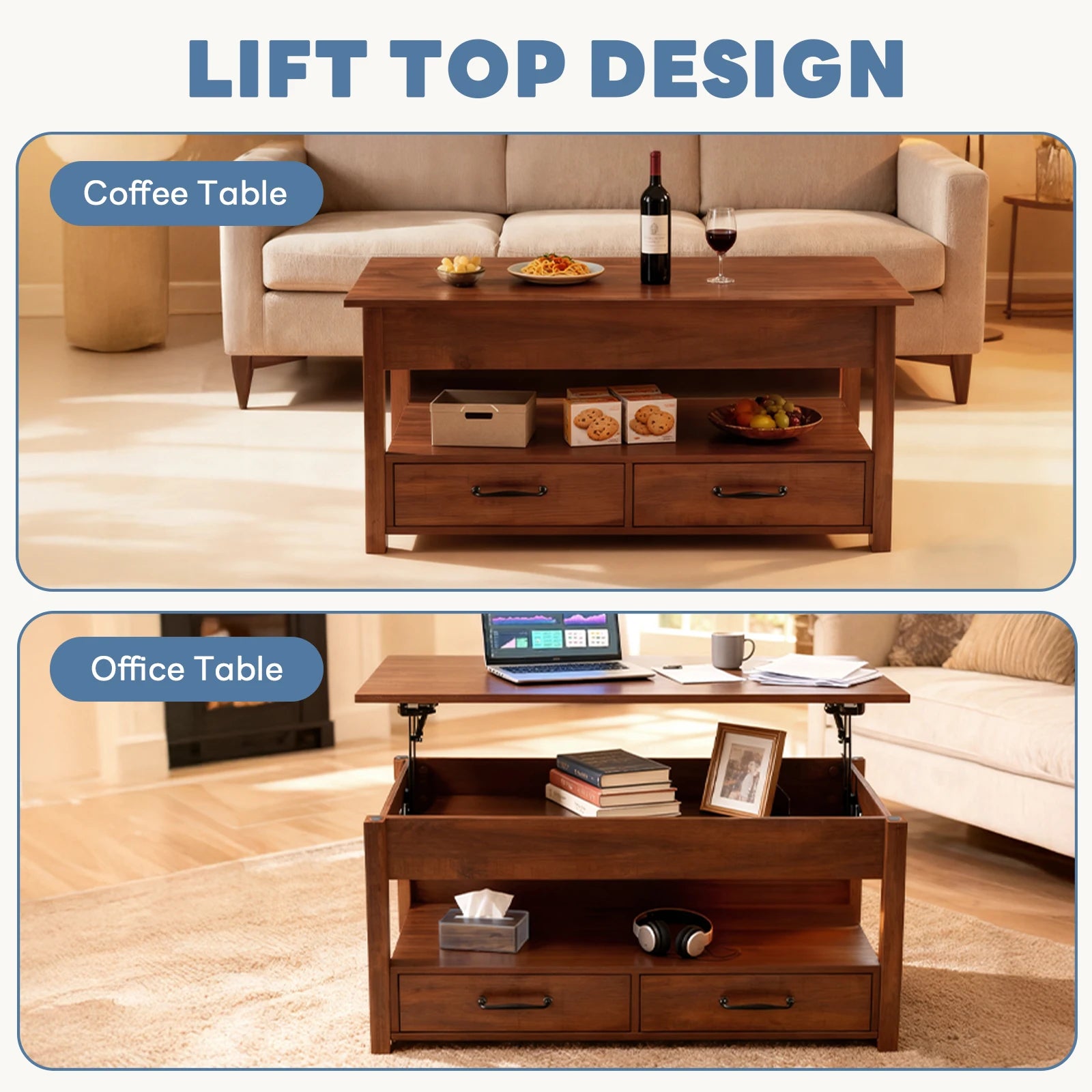 JHK Lift Top Coffee Table with Drawers and Hidden Compartment Adjustable Height Small Coffee Table for Living Room with Storage