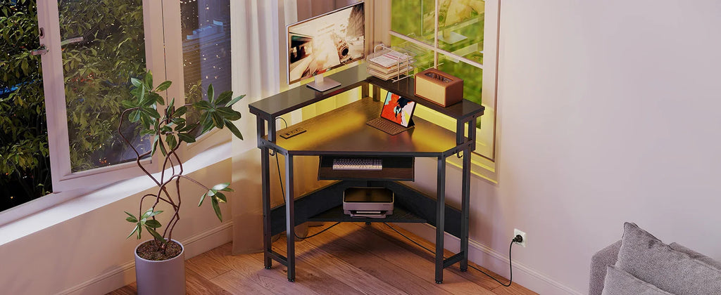 JHK Corner Desk Office Computer Desk for Small Space with LED Lights Gaming Table with Storage Shelves Power Outlets For Home