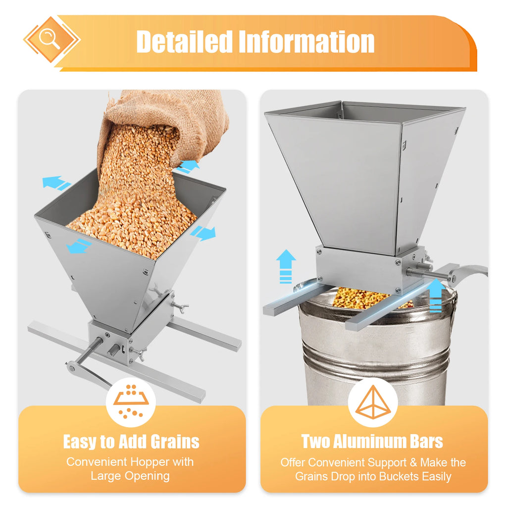 4L Grain Mill Grinder,Stainless Steel Manual Malt Crusher Hand Crank/Electric Drill Grain Grinder Milling Barley Wheat Home Brew