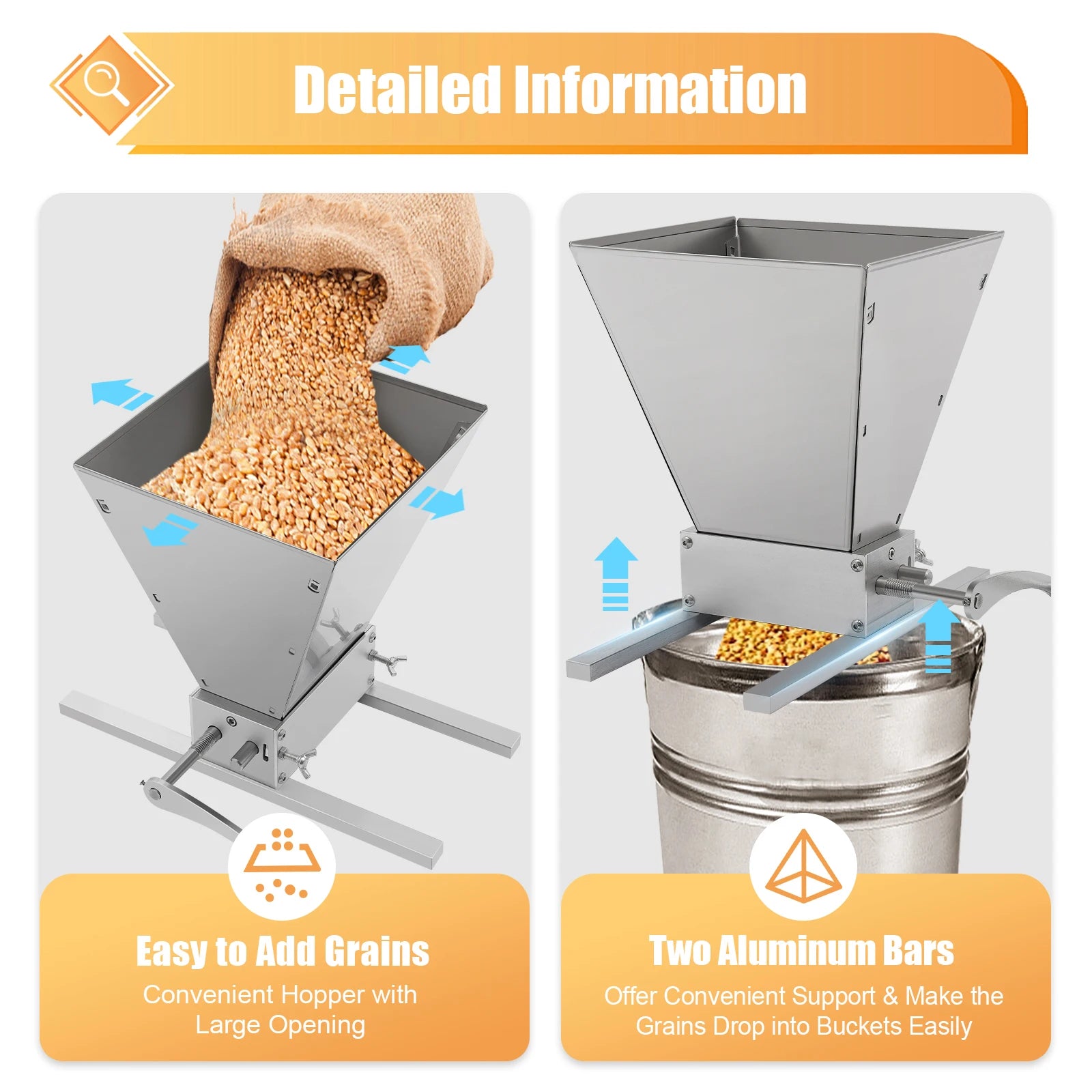 4L Grain Mill Grinder,Stainless Steel Manual Malt Crusher Hand Crank/Electric Drill Grain Grinder Milling Barley Wheat Home Brew
