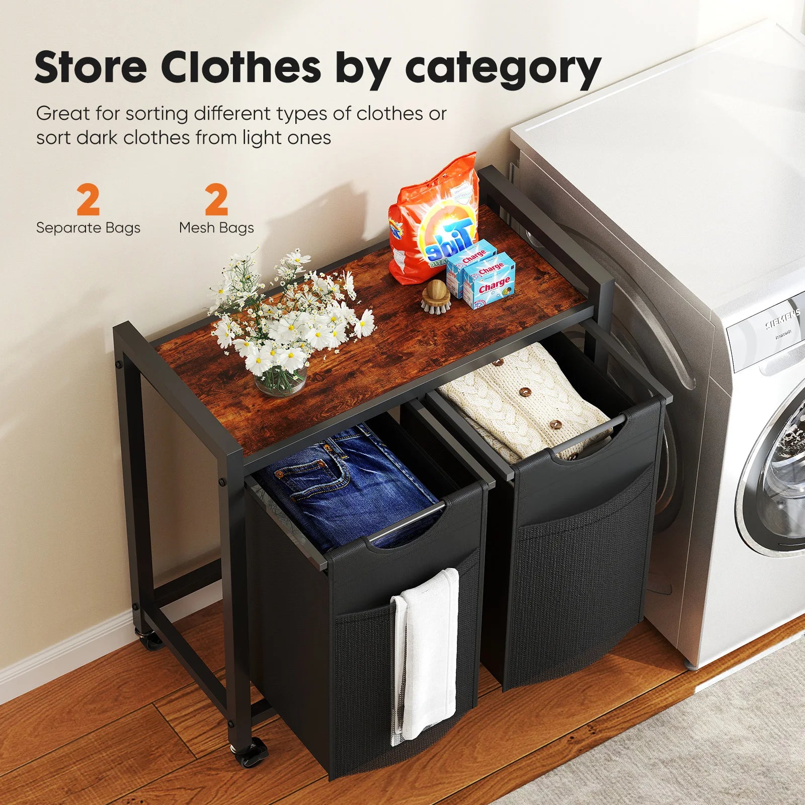 JHK 29IN Cabinets with Movable Wheels Metal Frame and Pull-Out Removable Sorter Bags Clothes Basket Organizer for Furniture