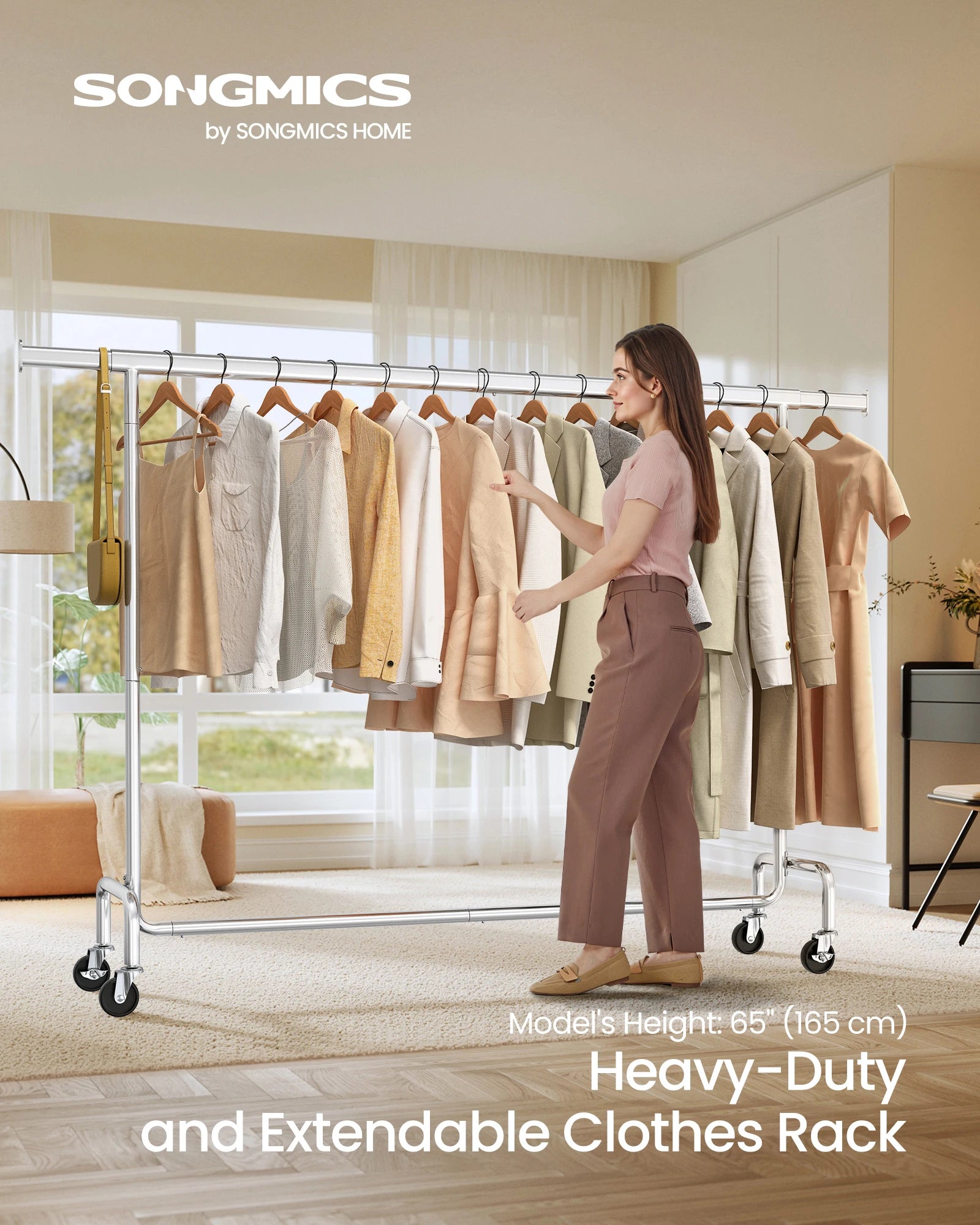 SONGMICS Clothes Rack with Wheels, Heavy-Duty Garment Rack with Extendable Hanging Rod, 243 lb Load Capacity, 17.7 x (63-78.7) x