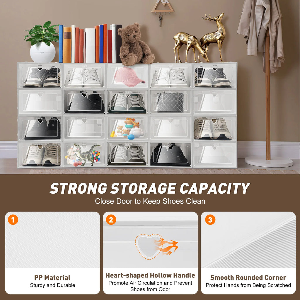 20PCS Foldable Flip Shoe Boxes Set, Shoe Rack Stackable Storage Container Plastic Clear Shoe Case Home Organizer 33*23*14cm