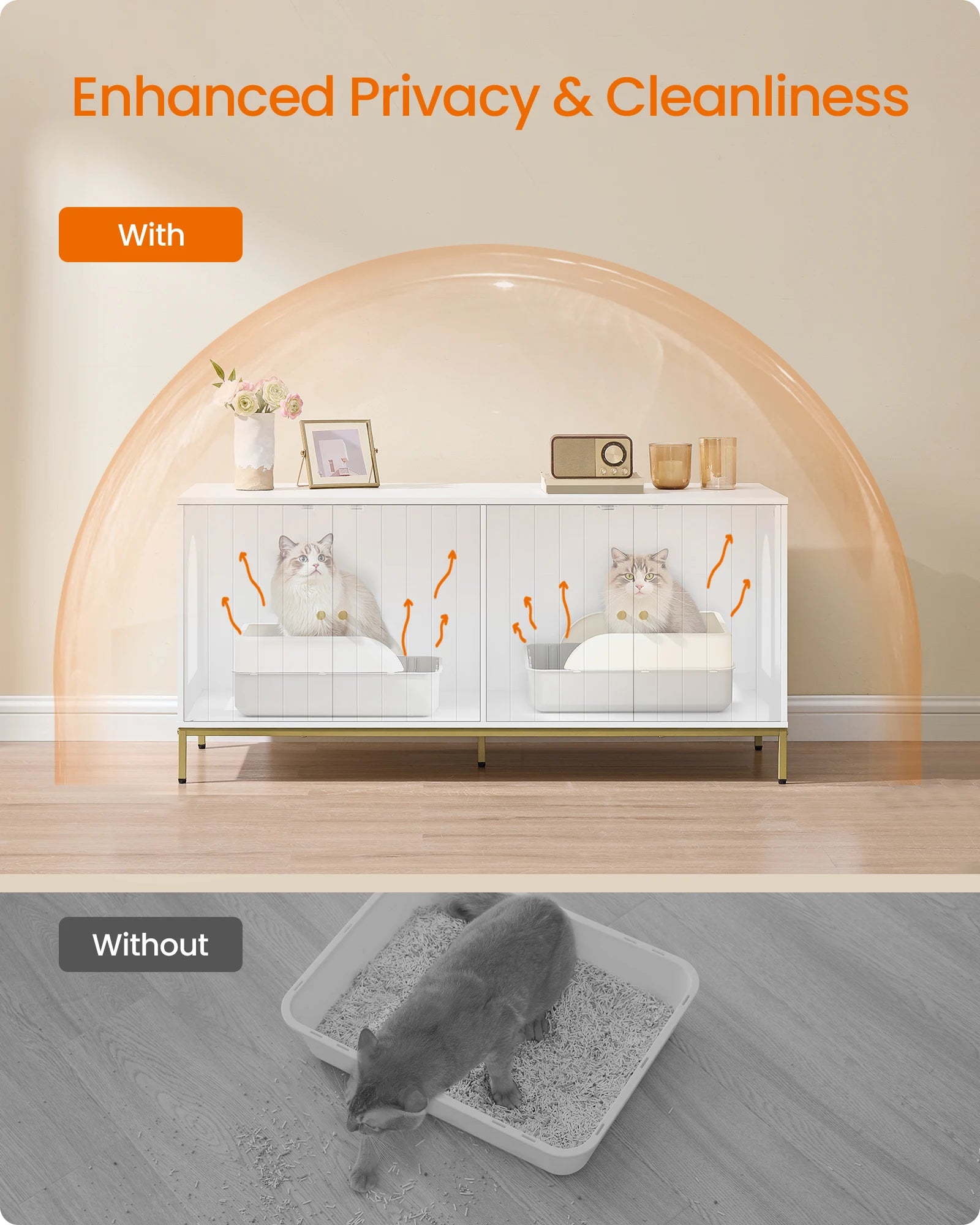 Feandrea Double Cat Litter Box Enclosure, Hidden Litter Box Furniture with Double Room, for 2 Cats, Modern Style, 47.2" Pet Hous