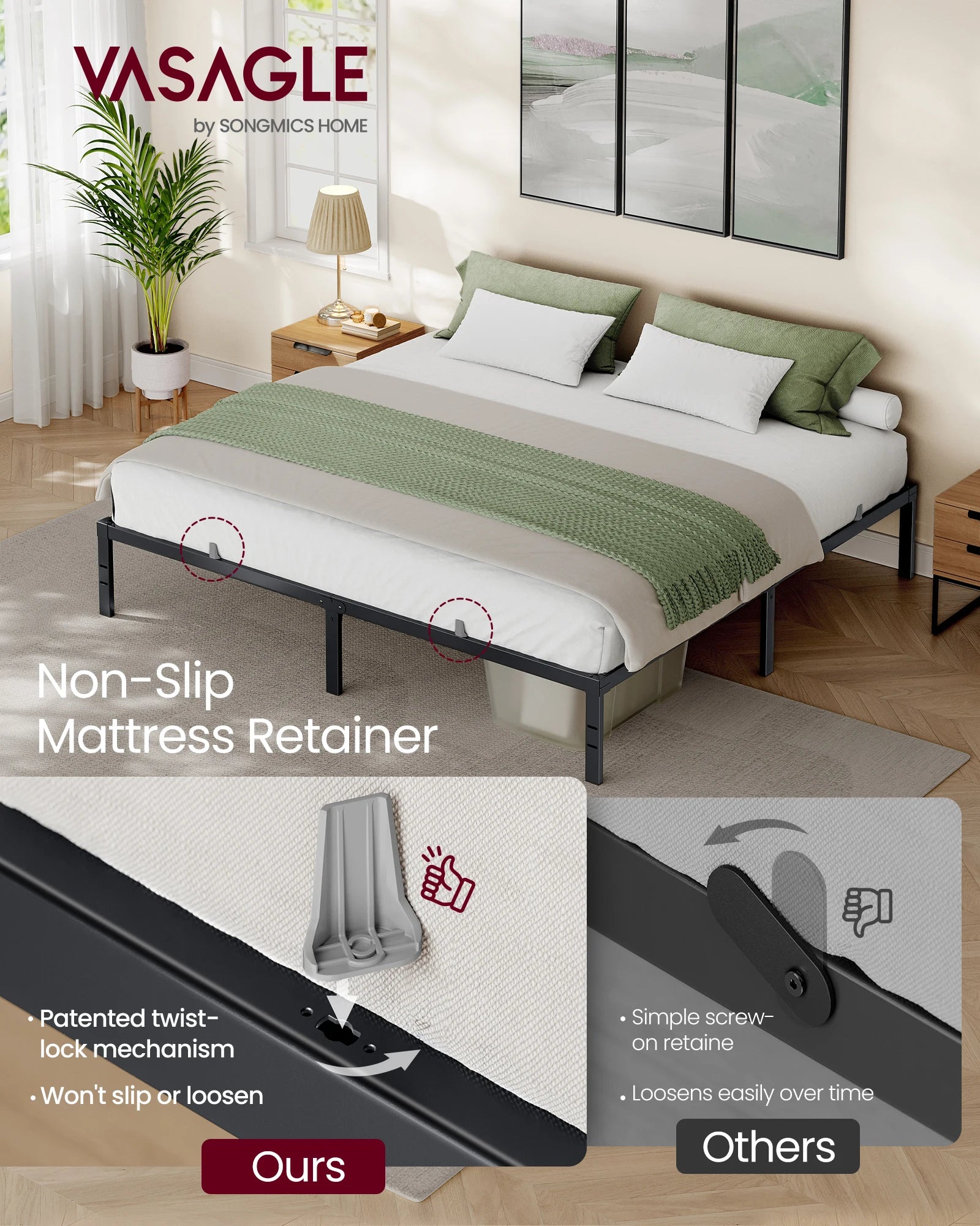VASAGLE King Metal Bed Frame 14 Inches Tall, 1100 lb Weight Capacity, No Box Spring Needed, with Under-Bed Storage, Easy Setup,