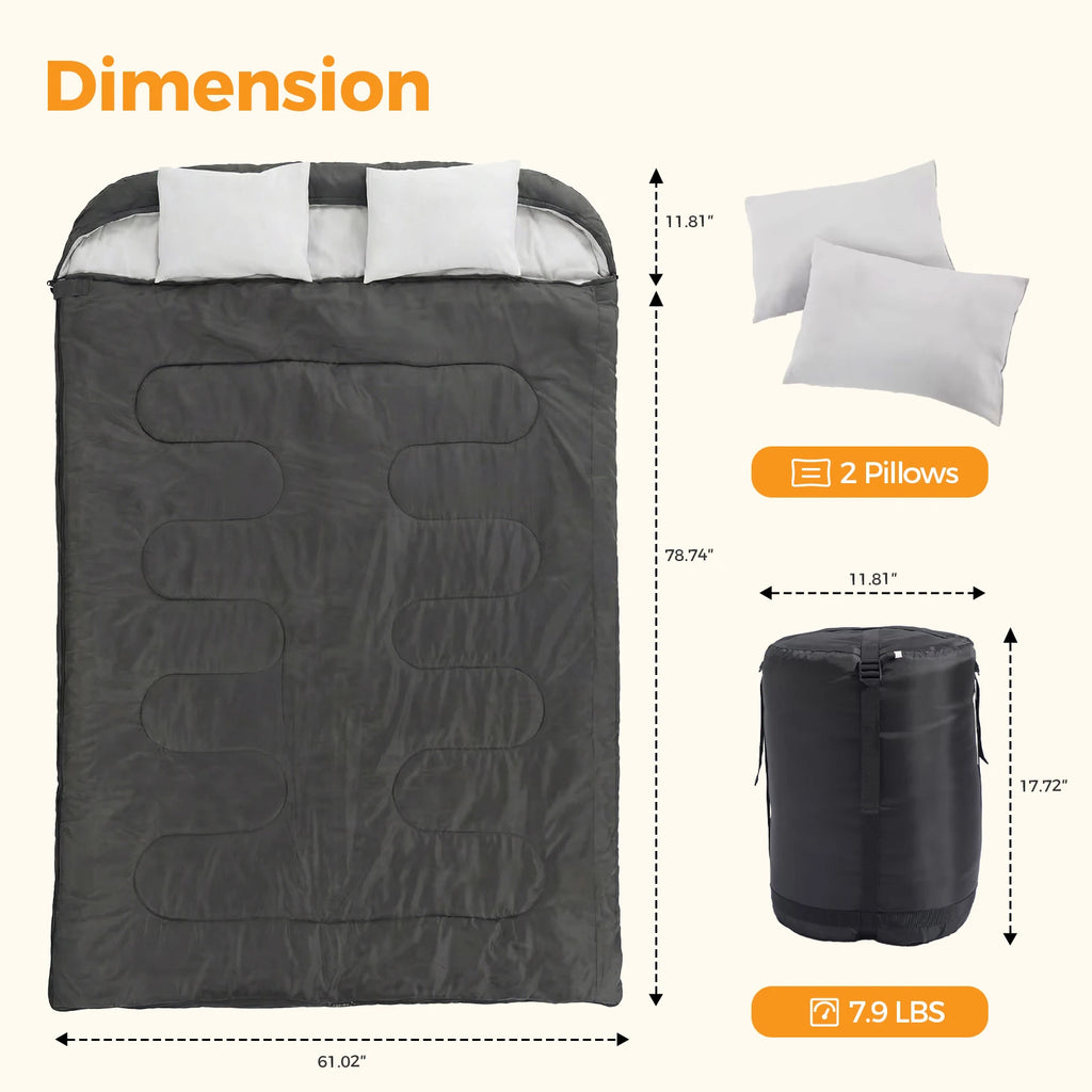 JHK Double Sleeping Bag for Adults with Pillow Lightweight 3 Season Portable Compact Sleeping Bag for 2 Person Hiking Fishing