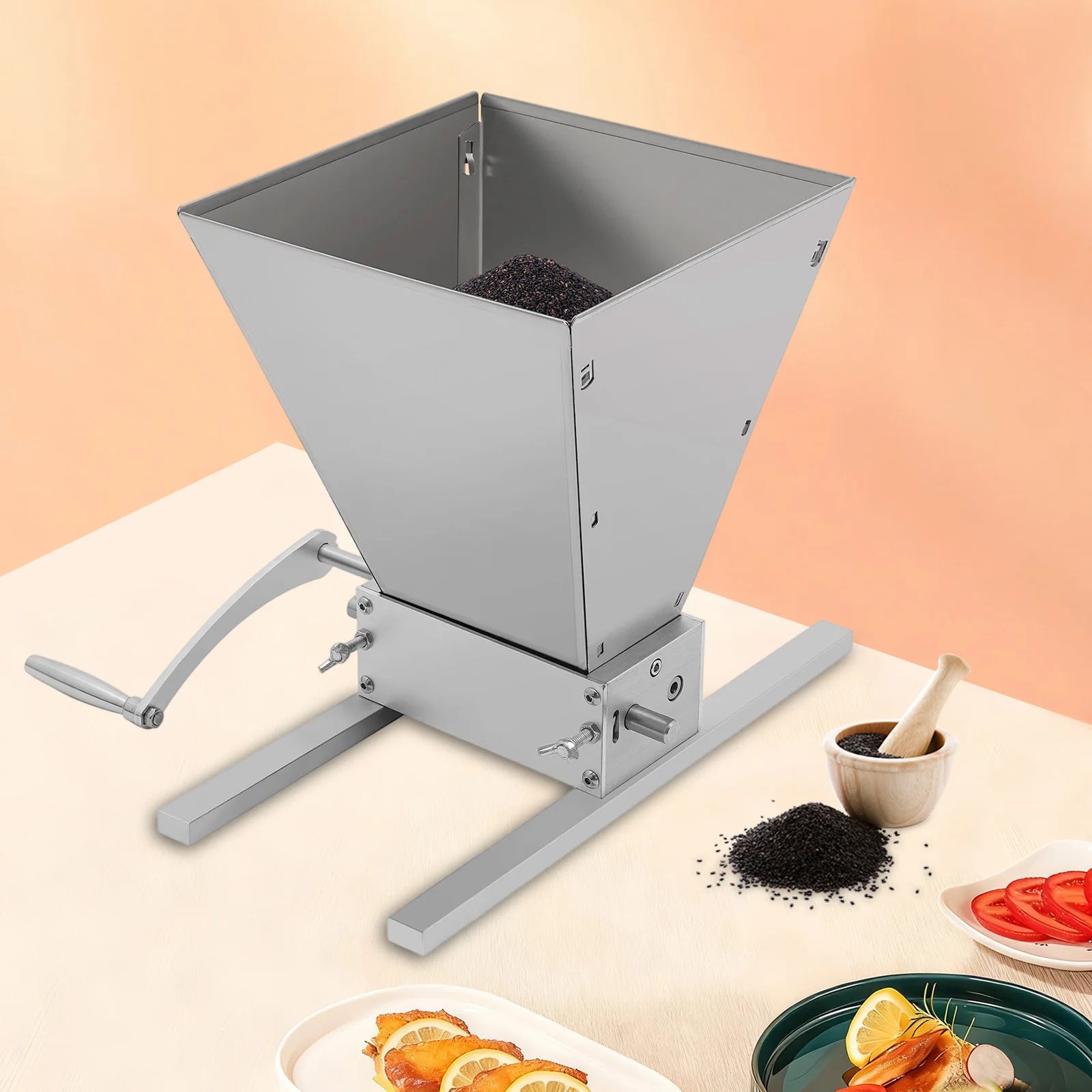 4L Grain Mill Grinder,Stainless Steel Manual Malt Crusher Hand Crank/Electric Drill Grain Grinder Milling Barley Wheat Home Brew