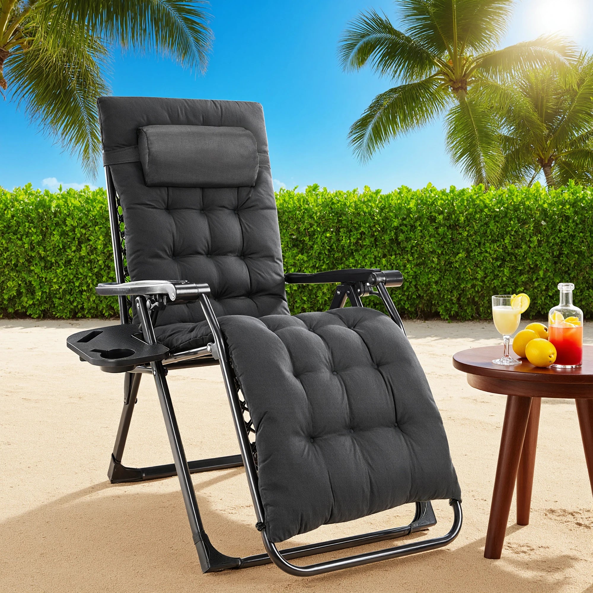 JHK Oversized Zero Gravity Cotton Padded Reclining Chair Foldable Lounge Chair with Adjustable Pillow Cup Holder For Patio