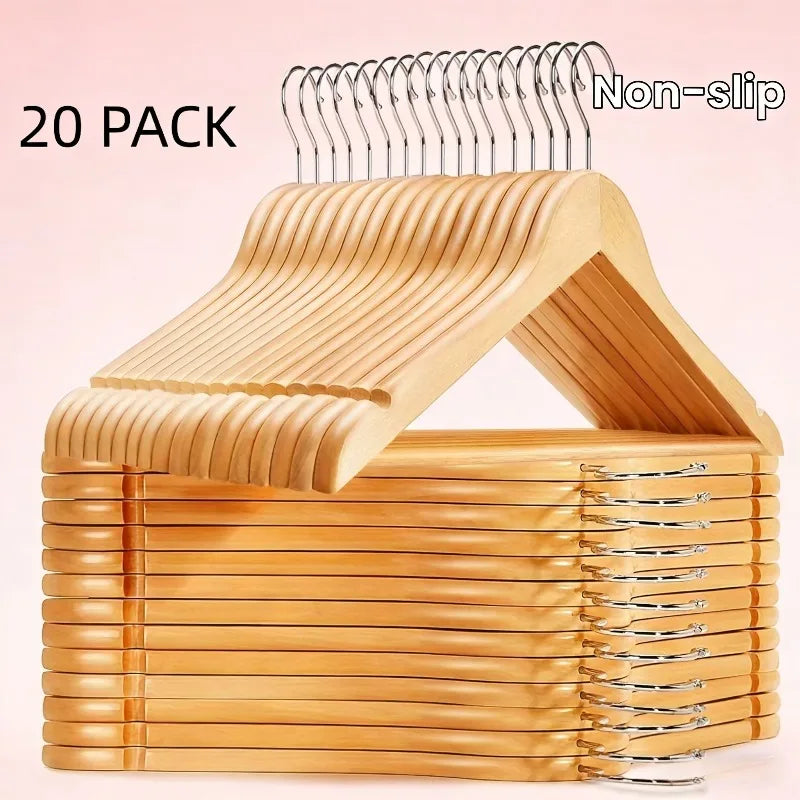 20pcs Non-Slip Wooden Clothes Hangers with Grooves, Solid Wood Clothing Rack for Wardrobe Bedroom & Clothing Store