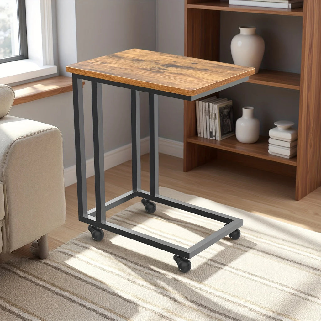 JHK Wood Sofa Table Overbed Bedside Desk Portable Rolling with Wheels Metal Frame Adjustable Feet  for Living Room Bedroom