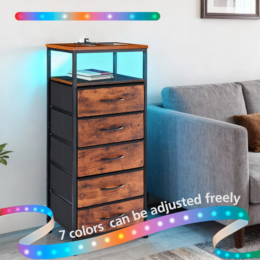 JHK Living Room 5 Fabric Drawers Cabinet With Charging Station and Outlets Adjustable Feet and Variable Light Strip Of Furniture