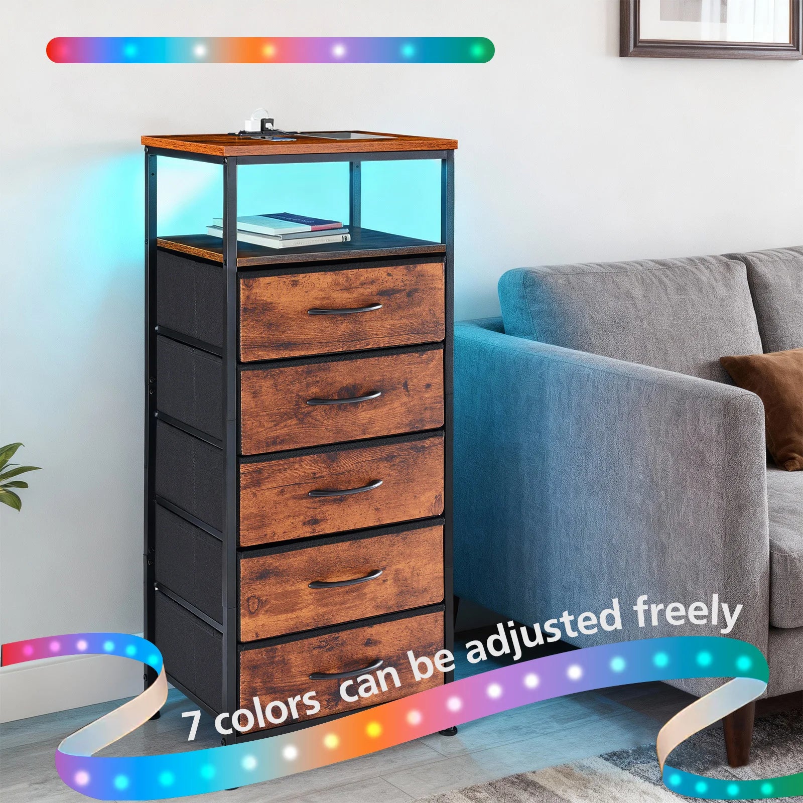 JHK Living Room 5 Fabric Drawers Cabinet With Charging Station and Outlets Adjustable Feet and Variable Light Strip Of Furniture