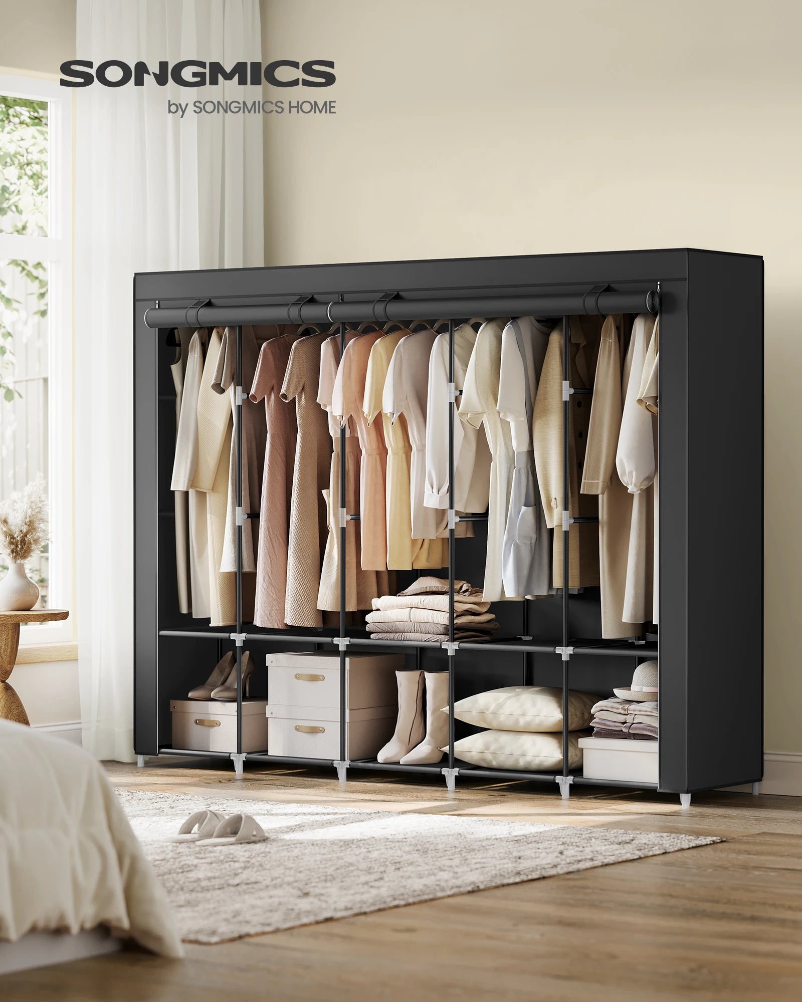 SONGMICS Portable Closet, Wardrobe Closet Organizer with Cover, 5 Hanging Rods and Shelves, 4 Side Pockets, 17.7 x 83 x 65.7 Inc