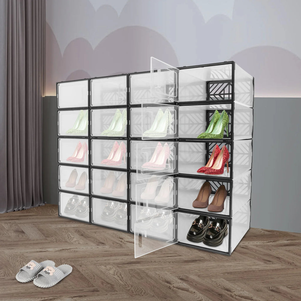20 Pcs Shoe Storage Box Transparent PP Plastic Shoe Cabinet Moisture & Dust Proof Modern Organizer Black/White