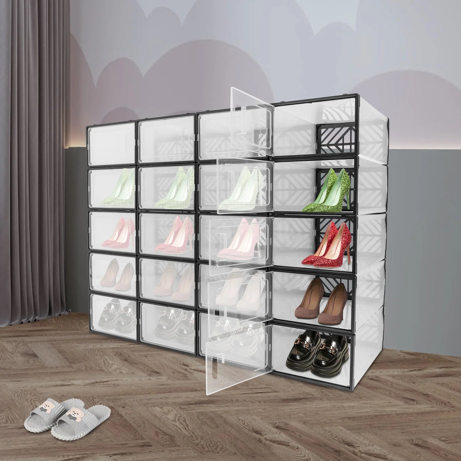 20 Pcs Shoe Storage Box Transparent PP Plastic Shoe Cabinet Moisture & Dust Proof Modern Organizer Black/White