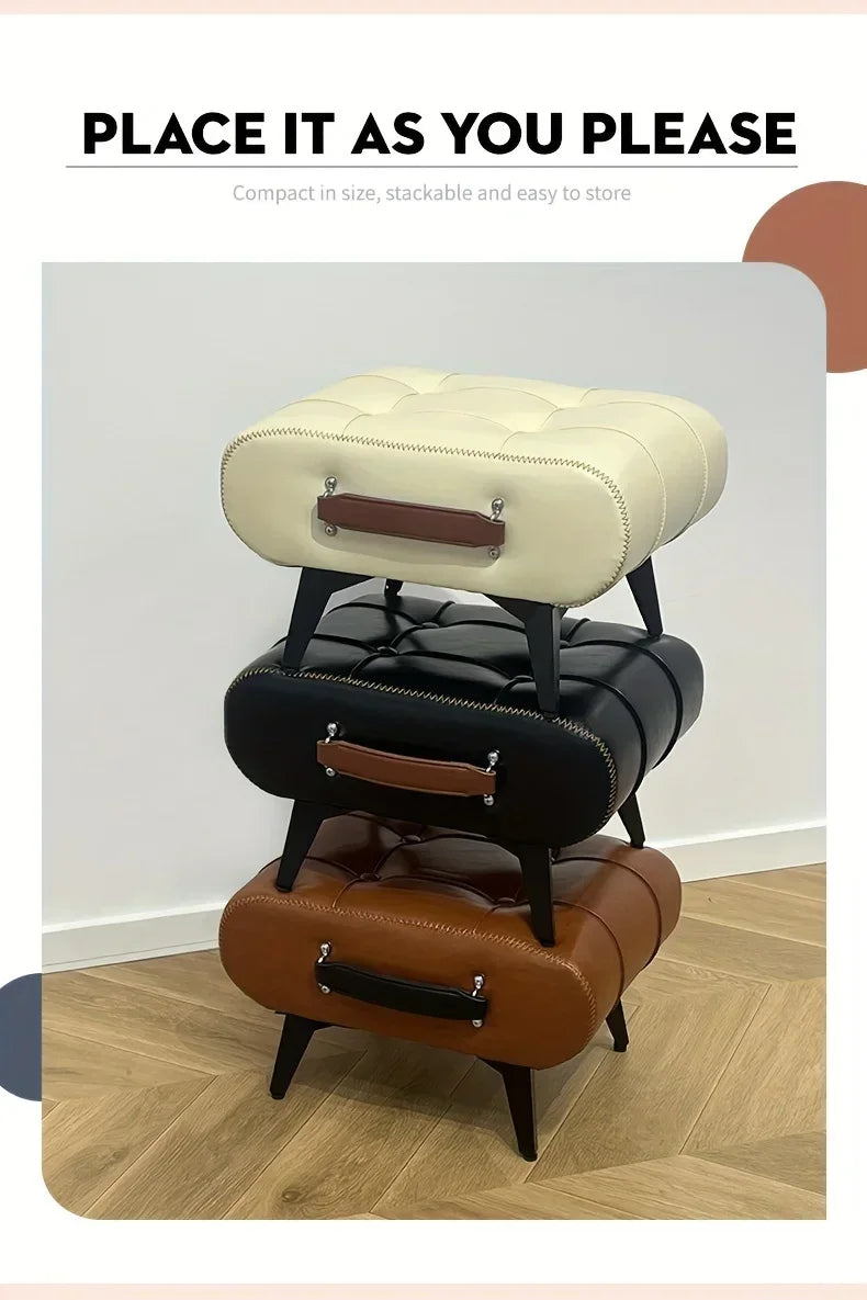 A High-quality Oil-and-wax Leather Low Stool, Footstool, Leather Footrest Stool, Stylish Multifunctional Sofa Side Piece