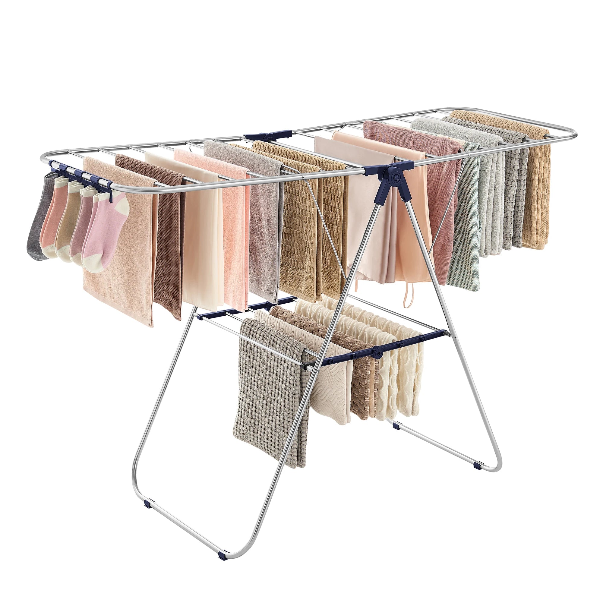SONGMICS Clothes Drying Rack, with Sock Clips, Metal Laundry Rack, Foldable, Space-Saving, Free-Standing Airer, with 2 Height-Ad