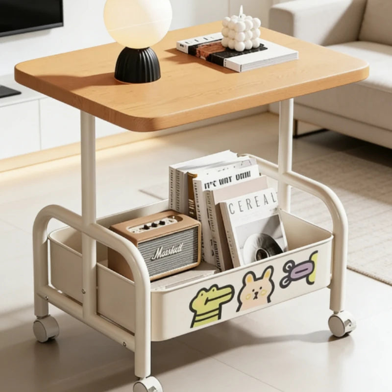  Rolling Laptop Desk & Storage Table - Double-Tier Mobile Stand with Basket, Perfect as Sofa Side Table or Bedroom Nightstand