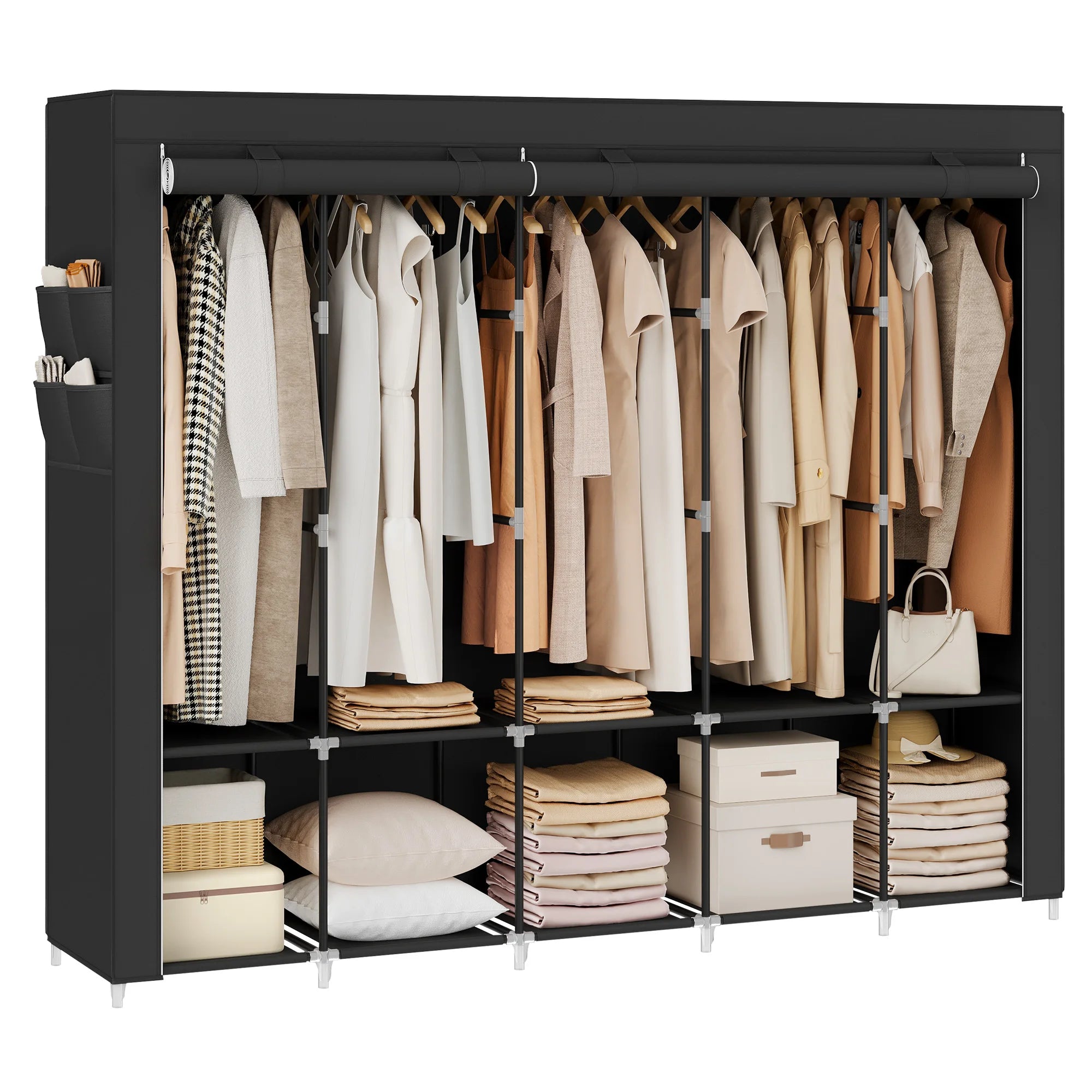 SONGMICS Portable Closet, Wardrobe Closet Organizer with Cover, 5 Hanging Rods and Shelves, 4 Side Pockets, 17.7 x 83 x 65.7 Inc