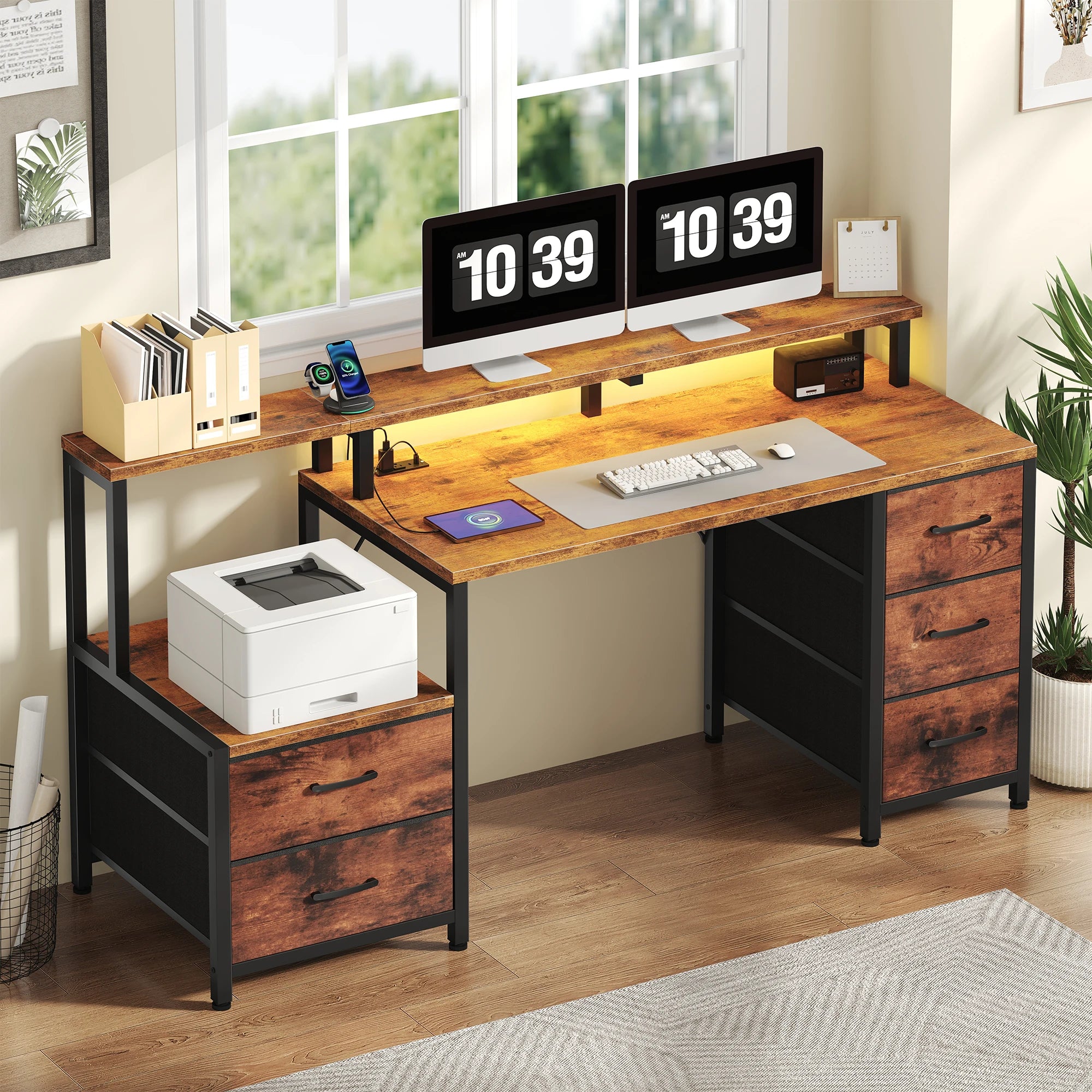JHK 67In Gaming Computer Desk with 5 Storage Drawers Wood Office Computer Desks with LED Lights Power Outlets for Office Bedroom