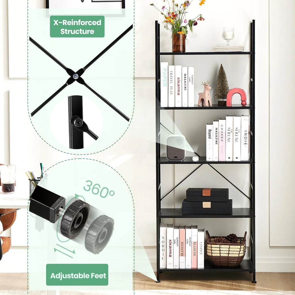 JHK 5 Tier Wooden Display Bookshelf Storage Standing Shelf Stable Frame Graduated Shelves for Organized Display for Living Room