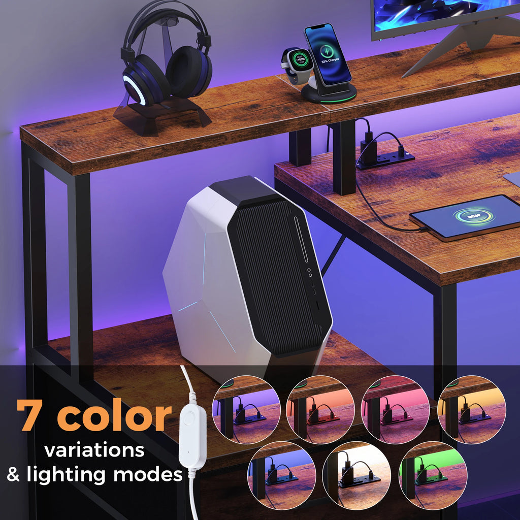 JHK 67In Gaming Computer Desk with 5 Storage Drawers Wood Office Computer Desks with LED Lights Power Outlets for Office Bedroom