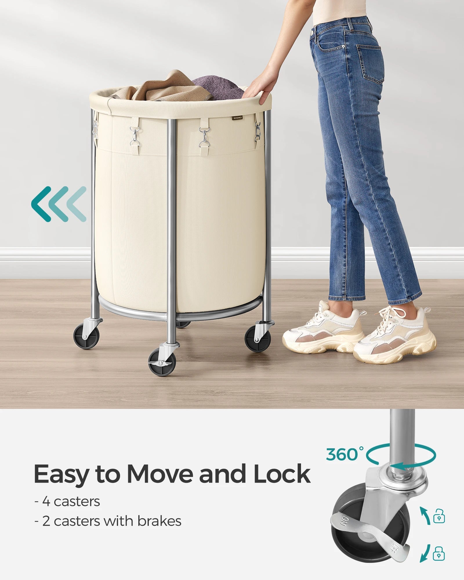SONGMICS 29-Gallon (110 L) Laundry Basket with Wheels, Rolling Round Heavy-Duty Laundry Hamper Cart with Steel Frame and Removab