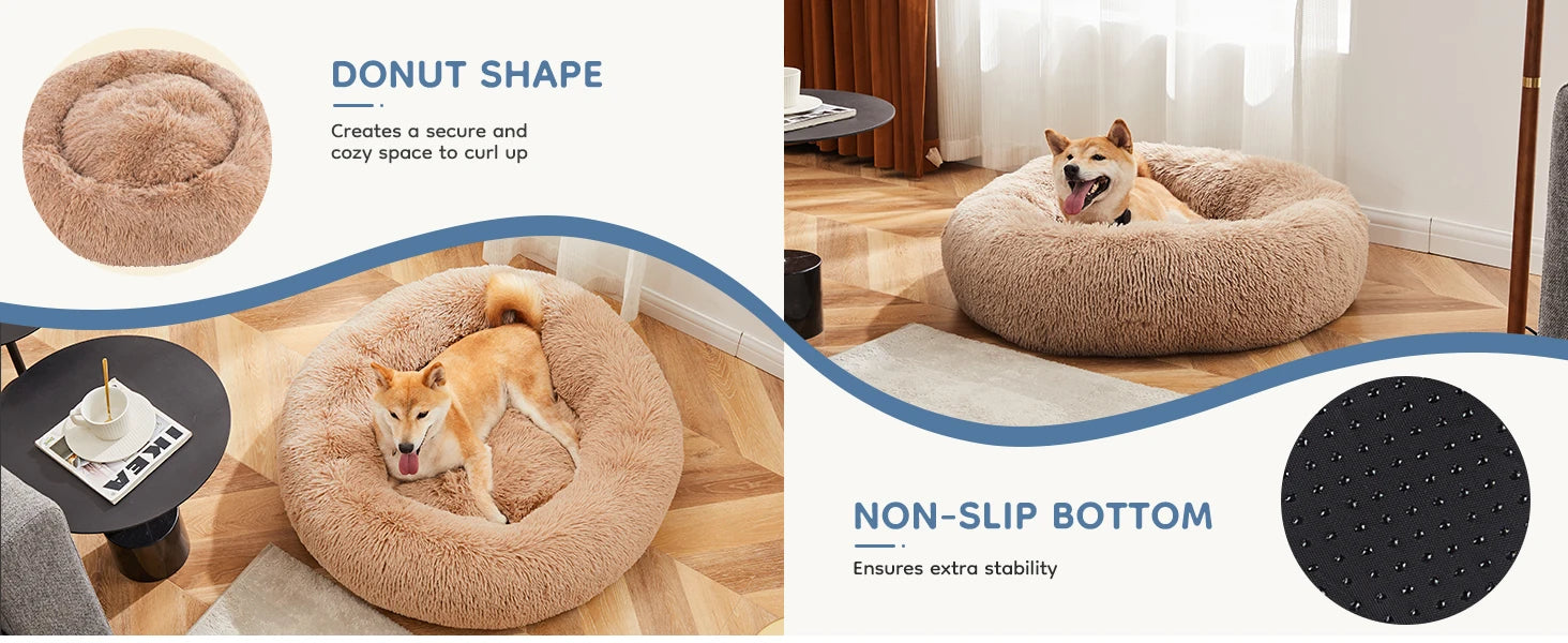JHK Round Plush Faux Fur Calming Dog Bed for Medium to Large Dogs Washable Large Pet Bed Anti-Slip Fluffy Dog Bed For Home
