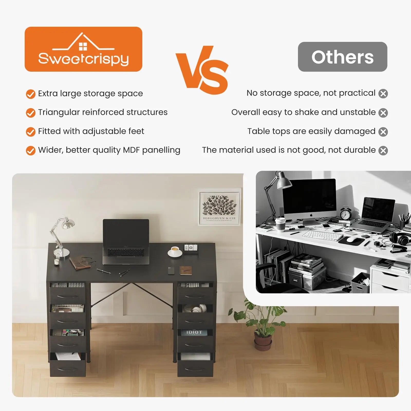 JHK 47 Inch Computer Desk with 8 Fabric Drawers Office Gaming Desk Writing Study Table with X-Shaped Reinforced Structure