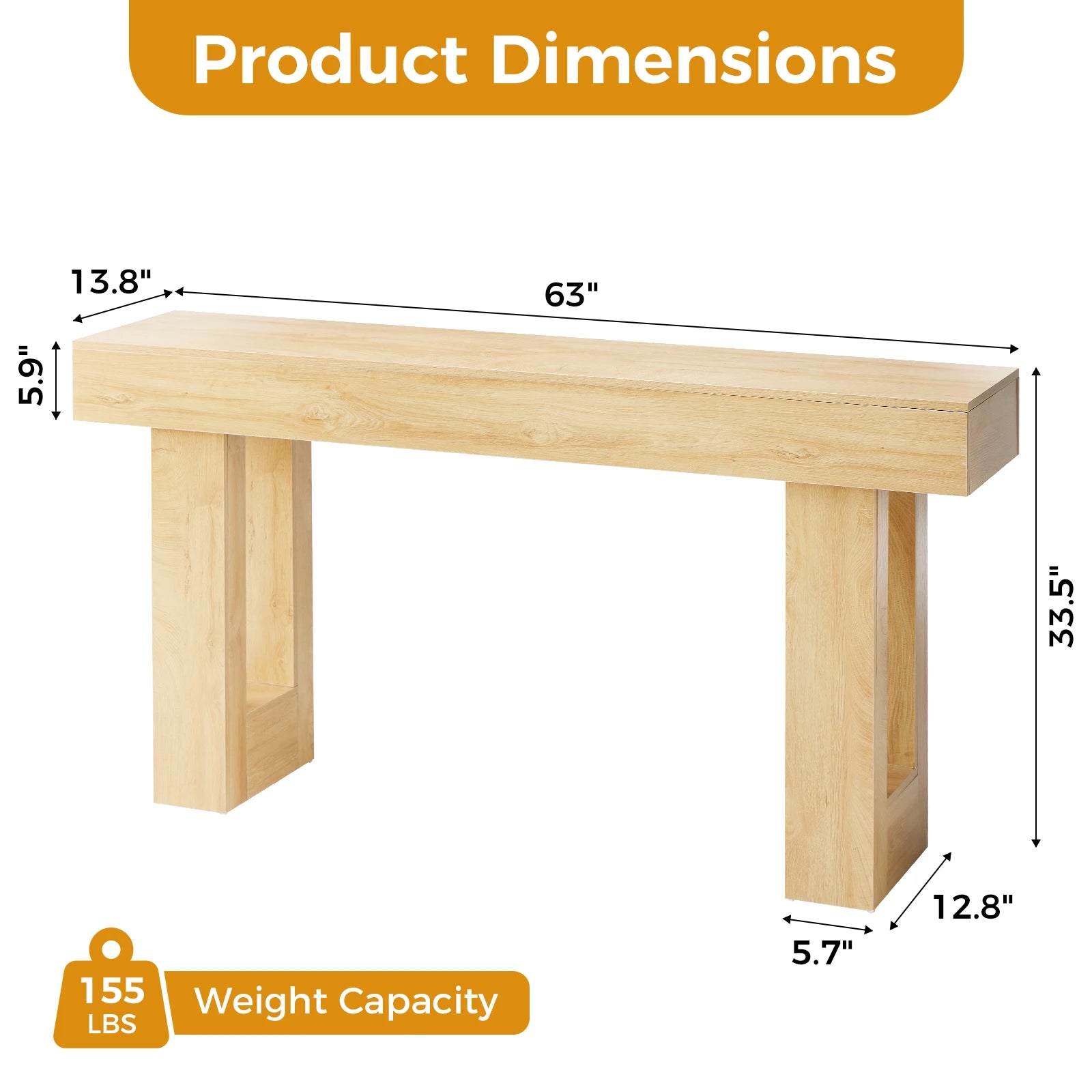 JHK 63IN Sofa Table Narrow Console Table Wooden Entryway Table Space-Saving Heavy Duty 155lbs Capacity for Living Room