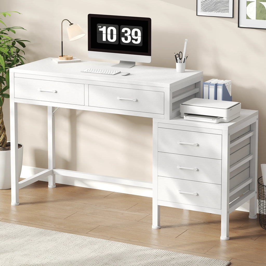 JHK 51IN Computer Desk with 5 Drawers Small Office Desk Computer Table with Printer Stand and Storage for Studying Writing