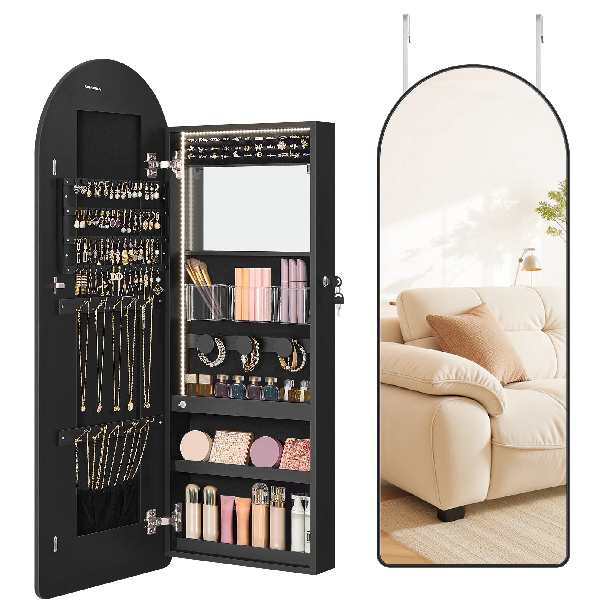 SONGMICS Wide Jewelry Organizer, LED Jewelry Cabinet Wall/Door Mounted, Arched Mirror with Storage, Lockable, Rounded Corner