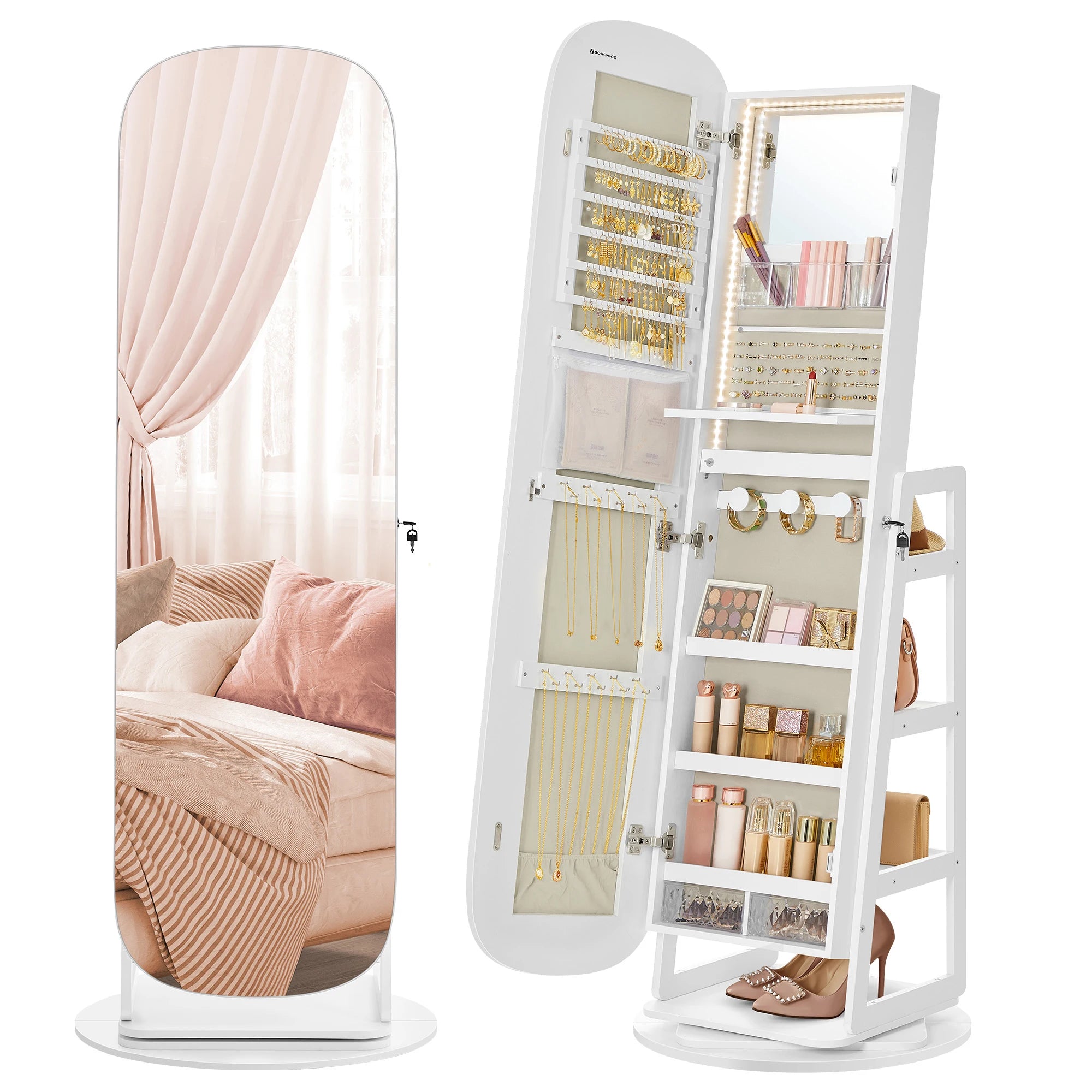 SONGMICS LED Jewelry Cabinet, 360° Swivel Jewelry Organizer, Lockable Mirror Jewelry Cabinet Standing, Interior Mirror