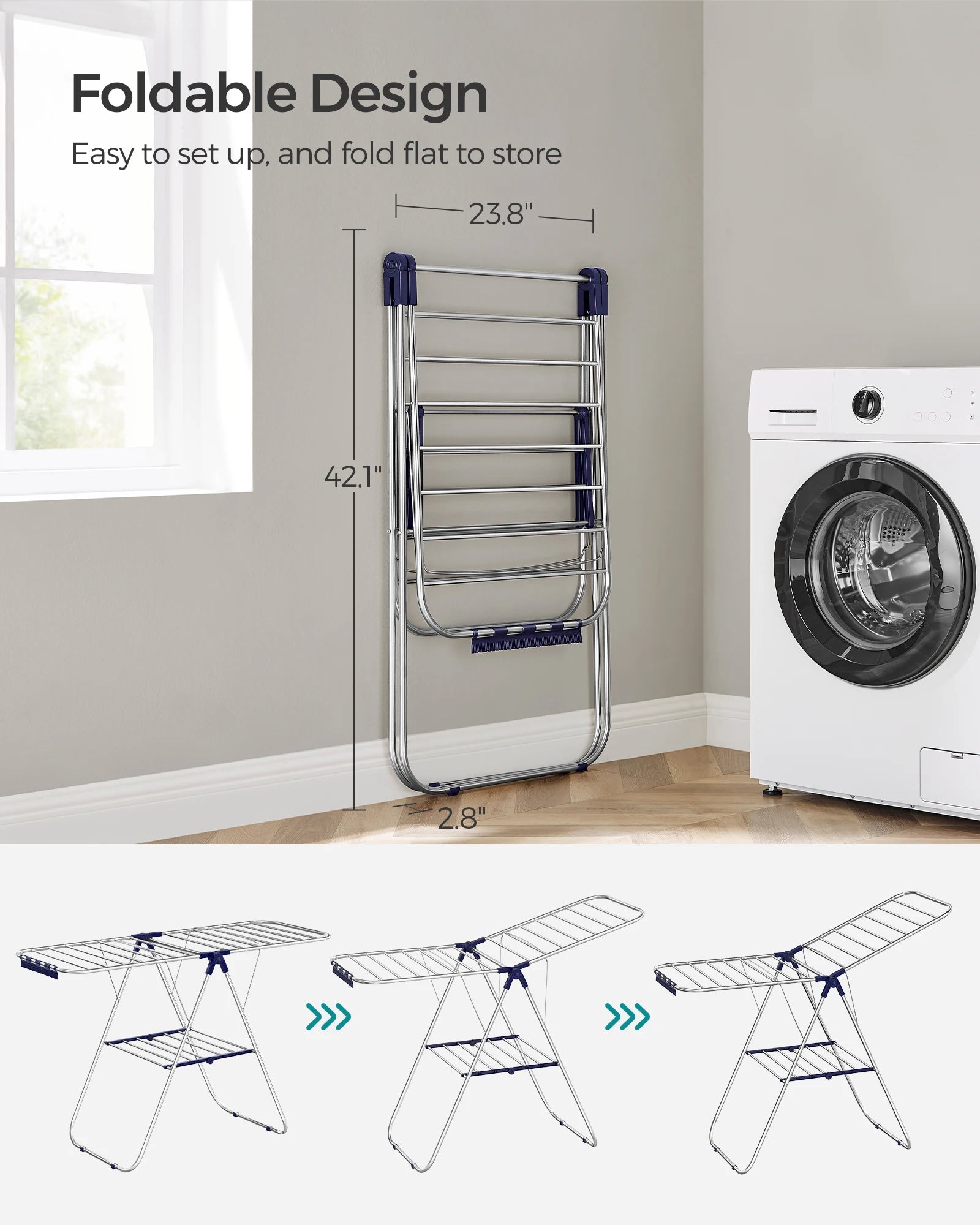 SONGMICS Clothes Drying Rack, with Sock Clips, Metal Laundry Rack, Foldable, Space-Saving, Free-Standing Airer, with 2 Height-Ad
