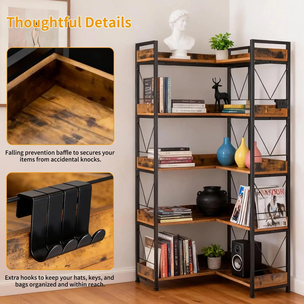 JHK 65 inch L Shaped Bookshelf 5 Tier Corner Bookcase with Hooks and Edge Metal Frame Wooden Open Storage for Living Room Home