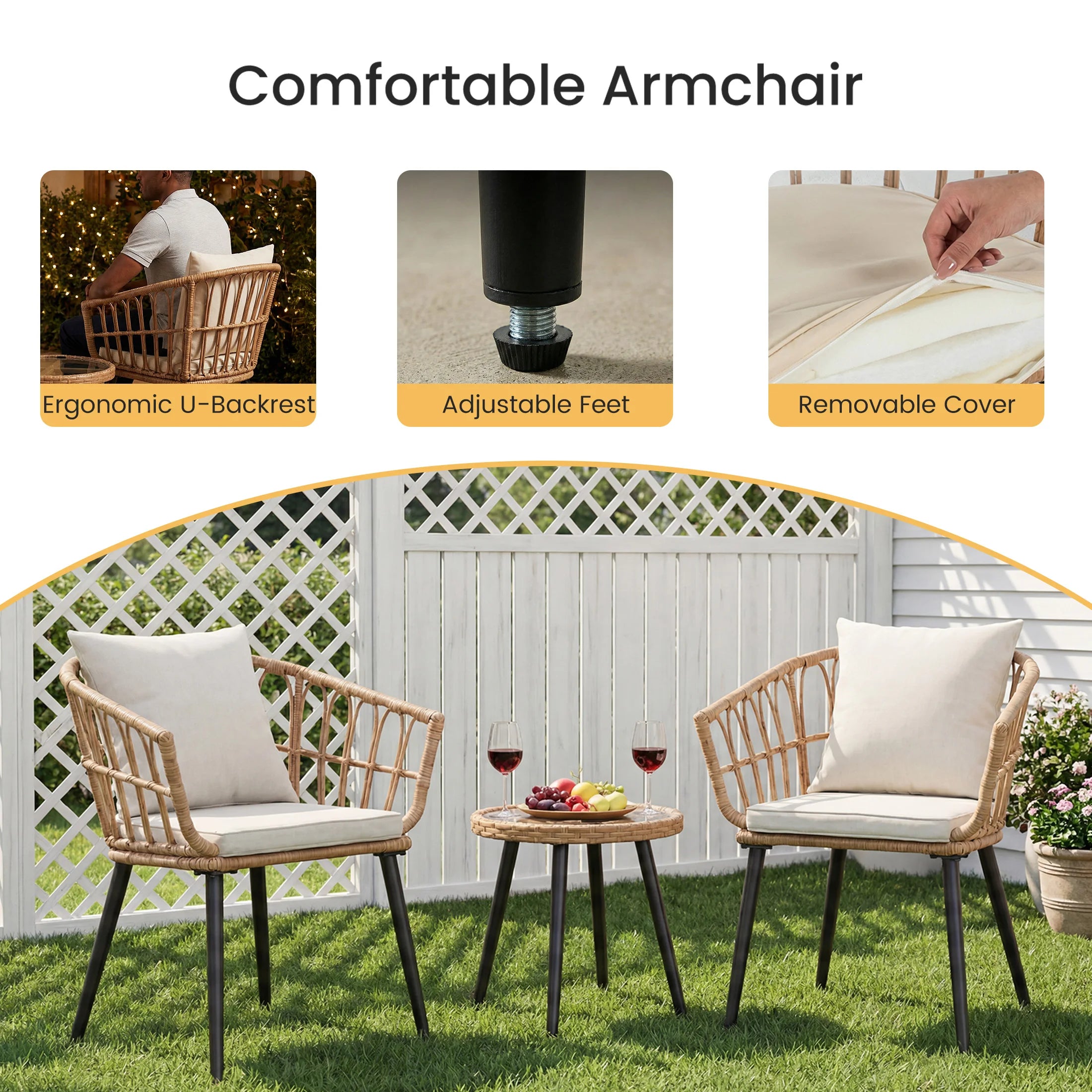 JHK 3 Pieces Wicker Patio Outdoor Set with Soft Cushion and Glass Steel Frame Table Manual Weaving Patio Chairs For Garden Lawn