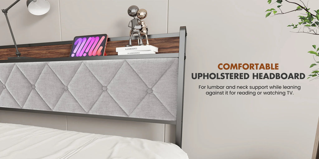 JHK King Size Soft Pack Heavy Duty Metal Bed Frame with Headboard Charging Station 1100lbs Capacity Easy Assembly For Bedroom