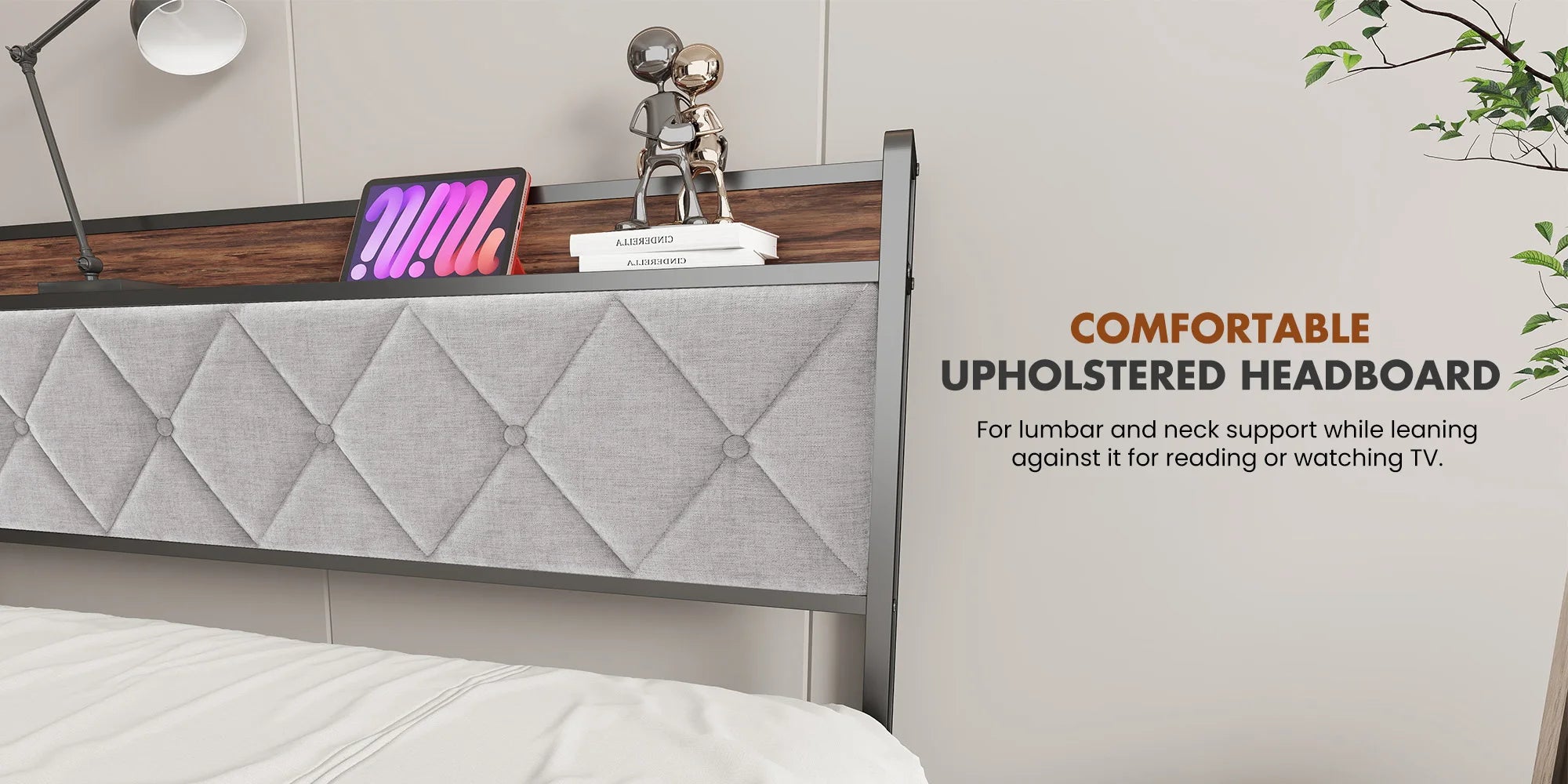 JHK King Size Soft Pack Heavy Duty Metal Bed Frame with Headboard Charging Station 1100lbs Capacity Easy Assembly For Bedroom